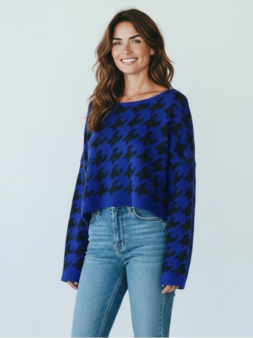 36 Point 5 Royal Blue and Black Houndstooth Scoop Neck Sweater